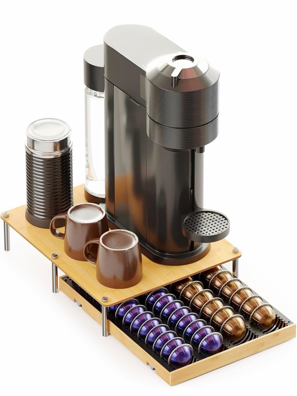 SpaceAid Bamboo Coffee Pod Holder Stand with Drawer and Black Nespresso Tray